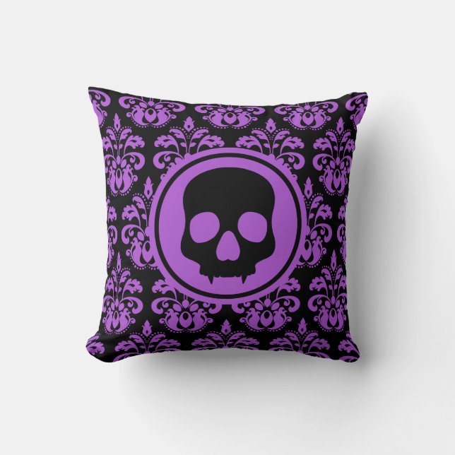 Gothic fanged Halloween skull purple damask Cushion (Front)