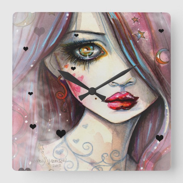 Gothic Fantasy Art Girl with Hearts Square Wall Clock (Front)