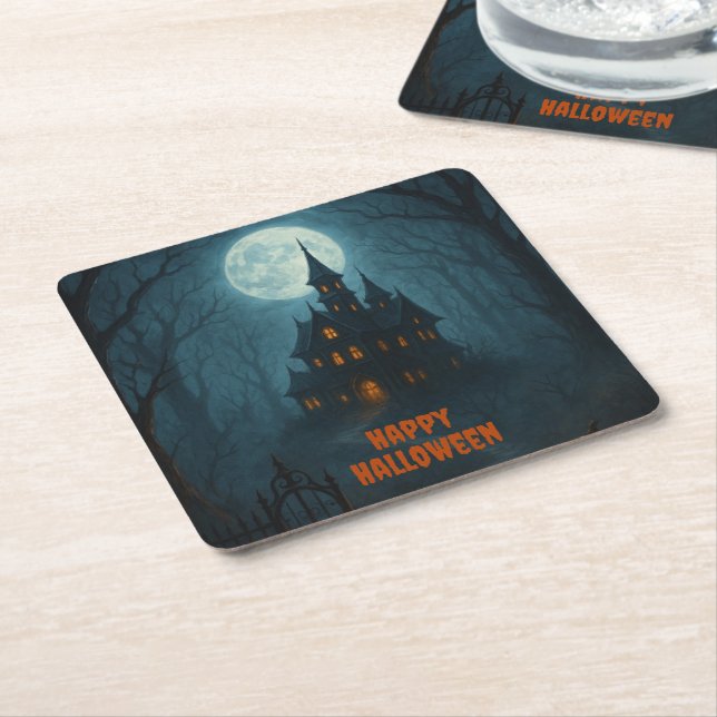 Gothic Fantasy | Haunted Castle & Misty Moonlight  Square Paper Coaster (Angled)