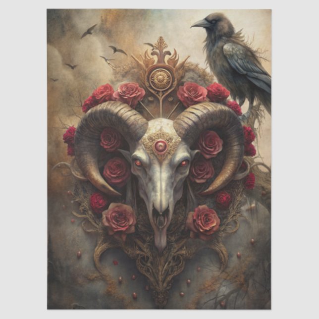 Gothic Fantasy Ram's Skull & Raven  Tissue Paper (Front)