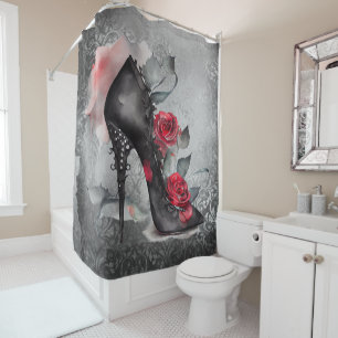 Gothic Fashion Spiked Stiletto and Red Rose Splash Shower Curtain