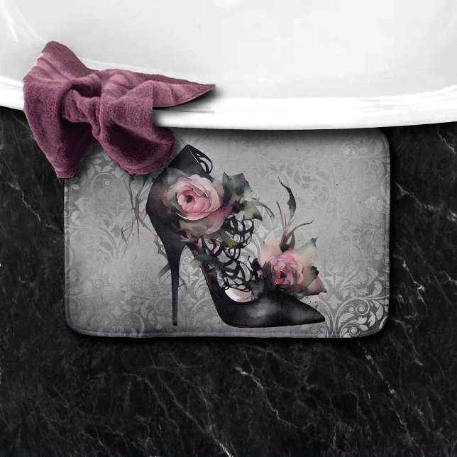 Gothic Fashion Stiletto Heel with Mauve Pink Roses Bath Mat (Creator Uploaded)