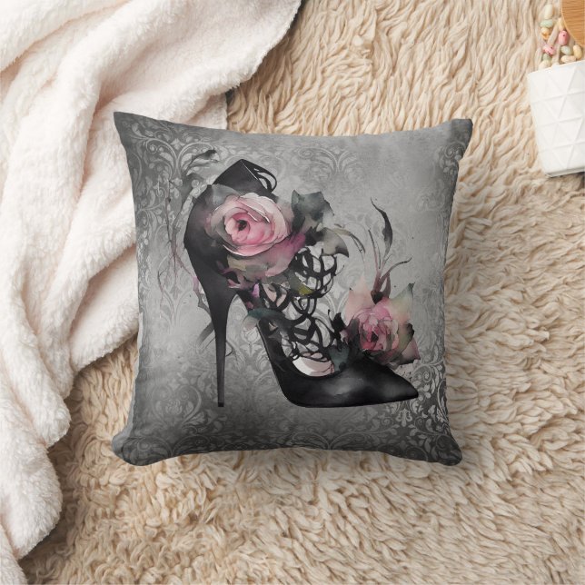 Gothic Fashion Stiletto Heel with Mauve Pink Roses Cushion (Blanket)
