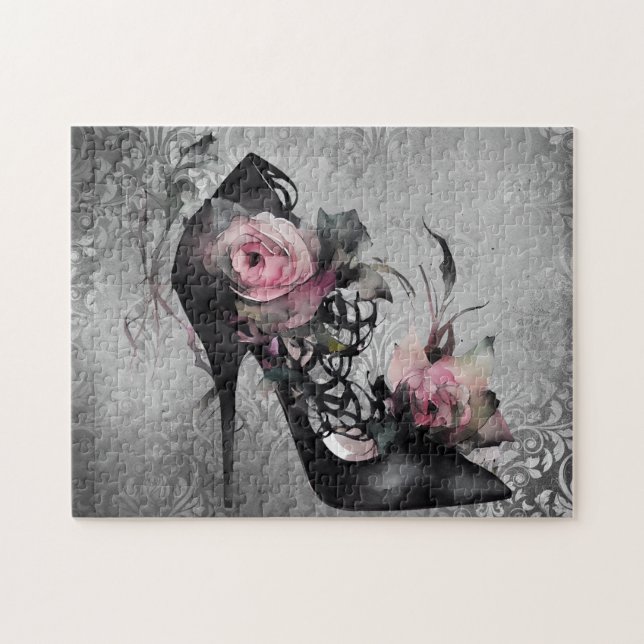 Gothic Fashion Stiletto Heel with Mauve Pink Roses Jigsaw Puzzle (Horizontal)