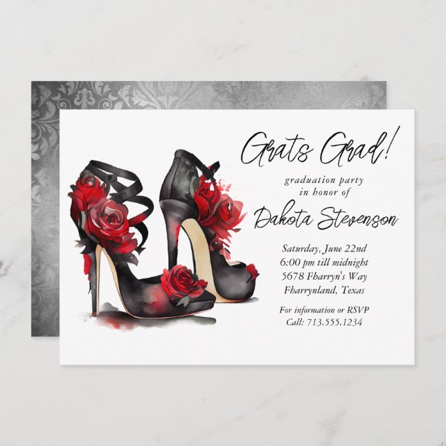 Gothic Fashion Stilettos With Red Roses Graduation Invitation (Front/Back)
