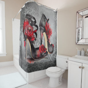 Gothic Fashion Stilettos with Red Roses on Grunge Shower Curtain