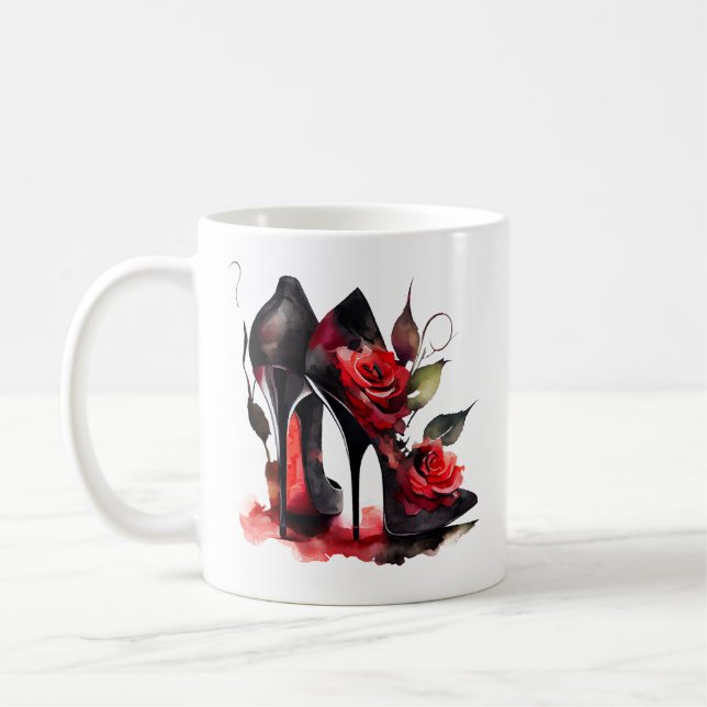 Gothic Fashionista Red Bottom Stilettos with Roses Coffee Mug (Left)