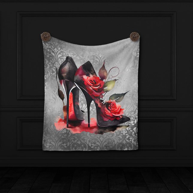Gothic Fashionista Red Bottom Stilettos with Roses Fleece Blanket (Creator Uploaded)