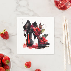 Gothic Fashionista Red Bottom Stilettos with Roses Napkin