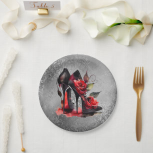 Gothic Fashionista Red Bottom Stilettos with Roses Paper Plate