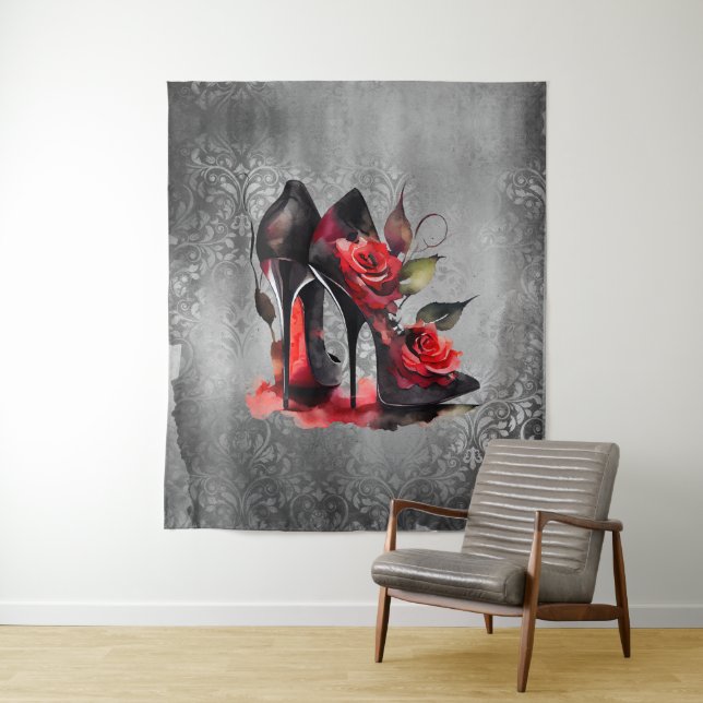 Gothic Fashionista Red Bottom Stilettos with Roses Tapestry (In Situ)