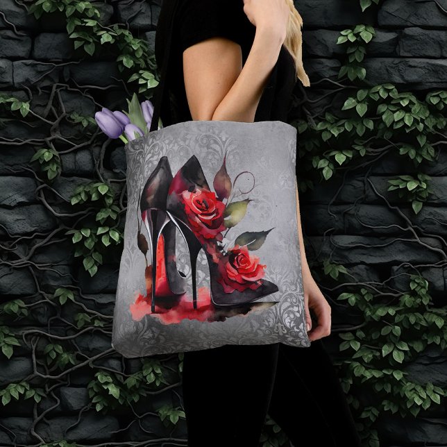 Gothic Fashionista Red Bottom Stilettos with Roses Tote Bag (Creator Uploaded)