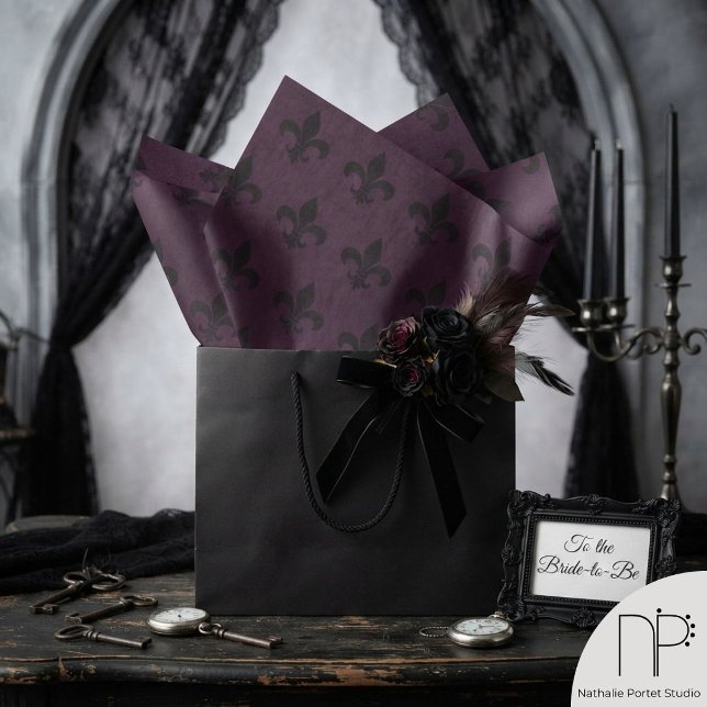 Gothic Fleur de Lis Dark Purple Tissue Paper (Deep purple gothic fleur de lis tissue paper for sophisticated and refined gift presentation.)