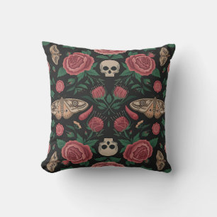 Gothic Floral and Moth Pattern with Skulls Cushion