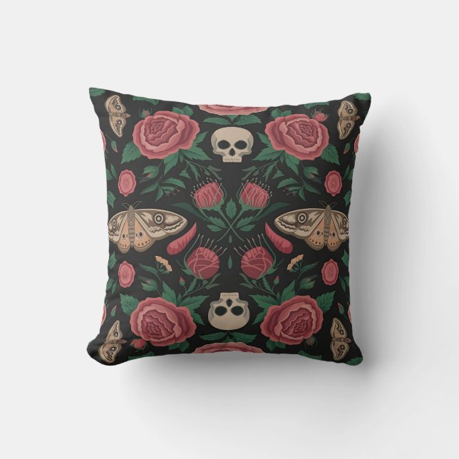 Gothic Floral and Moth Pattern with Skulls Cushion (Front)