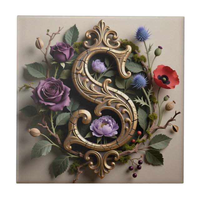 Gothic Floral Antique Gold Letter S Ceramic Tile (Front)