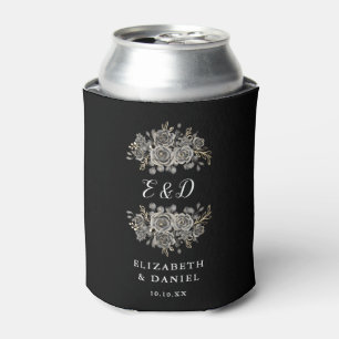 Gothic Floral Black And White Monogram Wedding Can Cooler