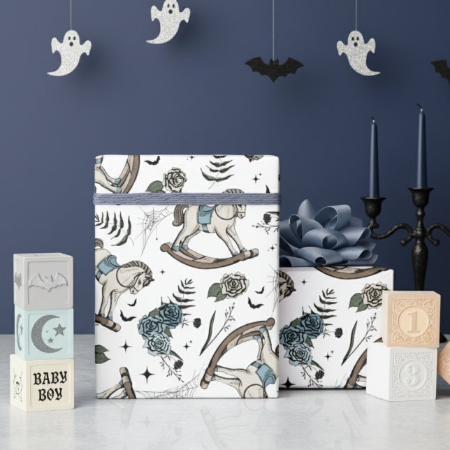 Gothic Floral Blue Rocking Horse Wrapping Paper (Gothic Halloween Boy Baby Shower Wrapping Paper. Blue Spooky Vintage Rocking Horse & Roses Pattern)