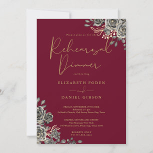 Gothic Floral Burgundy And Gold Rehearsal Dinner Invitation