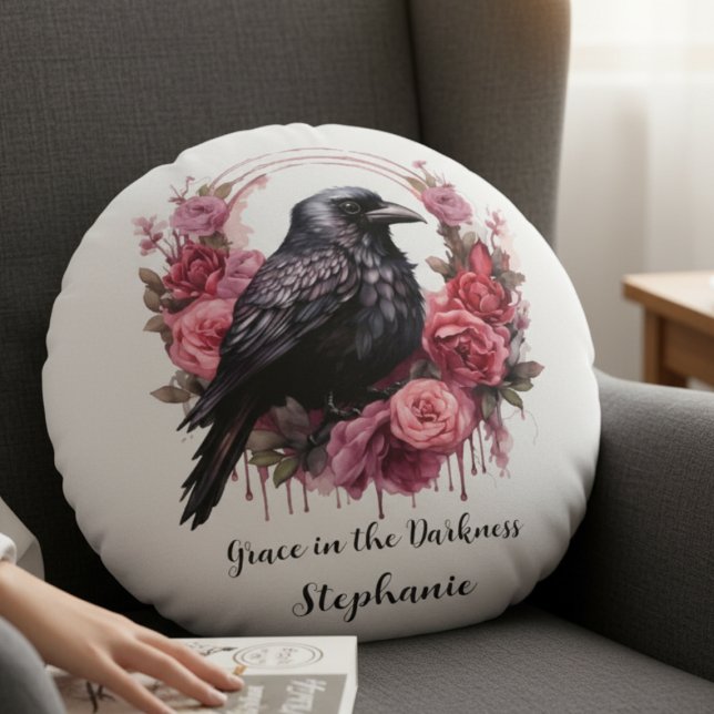 Gothic Floral Dark Academia Round Cushion (round pillow with pink roses and raven)