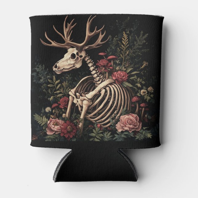 Gothic Floral Deer Skeleton Can Cooler (Front)