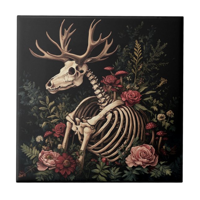 Gothic Floral Deer Skeleton Ceramic Tile (Front)