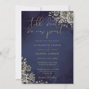 Gothic Floral Gold And Midnight Blue Wedding Invitation