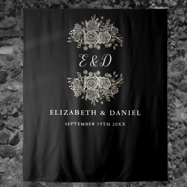 Gothic Floral Monogram Wedding Backdrop Tapestry (Gothic Floral Monogram Wedding Backdrop)