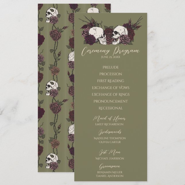 Gothic Floral Olive Green Wedding Program Card (Front/Back)