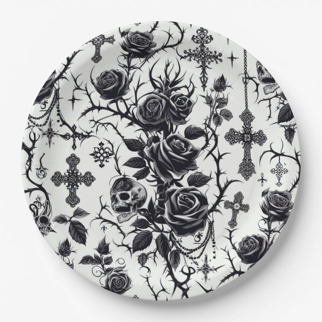 Gothic Floral Paper Plates - Halloween, Wedding (Front)