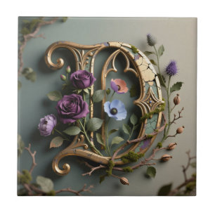 Gothic Floral Patina Gold Letter D Ceramic Tile