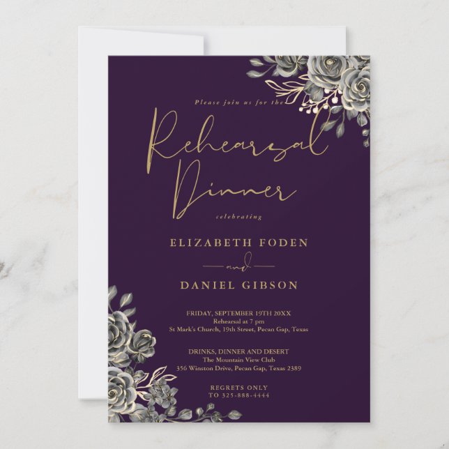 Gothic Floral Purple And Gold Rehearsal Dinner Invitation (Front)