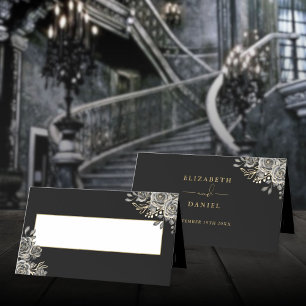 Gothic Floral Roses Black And Gold Wedding Folded Place Card
