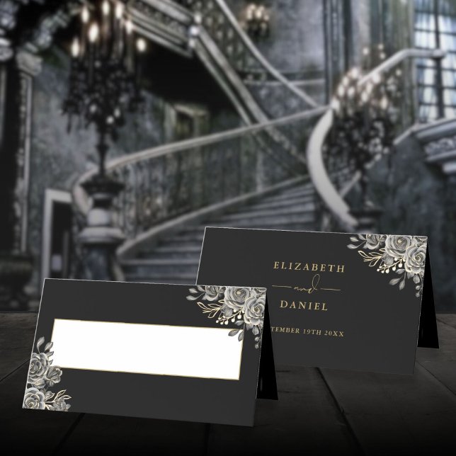 Gothic Floral Roses Black And Gold Wedding Folded Place Card (Gothic Floral Roses Black And Gold Wedding Folded Place Card)
