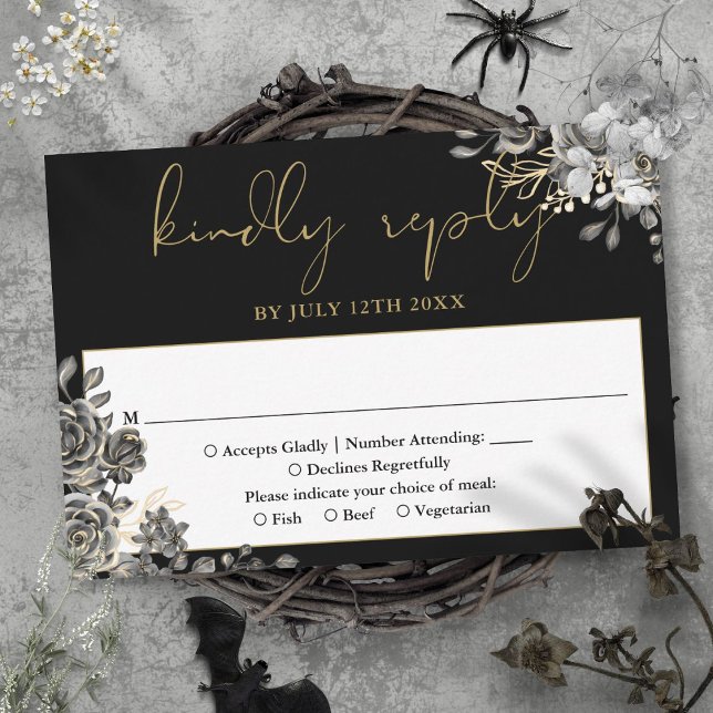 Gothic Floral Roses Black And Gold Wedding RSVP Card (Gothic Floral Roses Black And Gold Wedding RSVP Card)