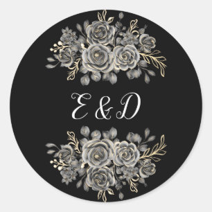 Gothic Floral Roses Black And White Monogram Classic Round Sticker
