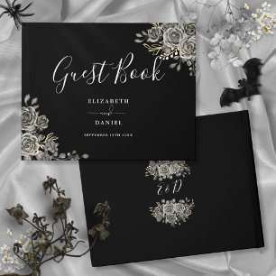 Gothic Floral Roses Black And White Wedding Guest Book