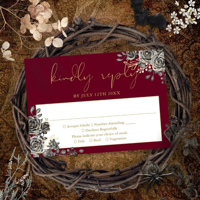 Gothic Floral Roses Burgundy And Gold Wedding RSVP Card (Gothic Floral Roses Burgundy And Gold Wedding RSVP Card)