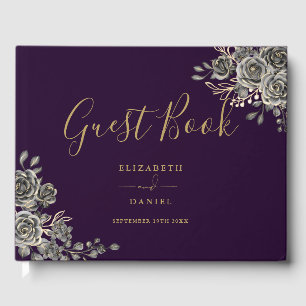 Gothic Floral Roses Purple And Gold Wedding Guest Book