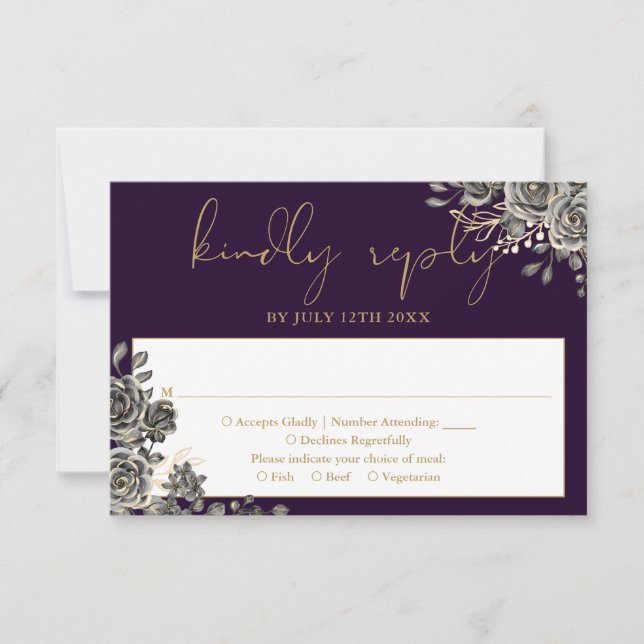 Gothic Floral Roses Purple And Gold Wedding RSVP Card (Front)