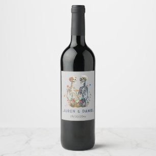 Gothic Floral Skeleton Couple Names Wedding  Wine Label