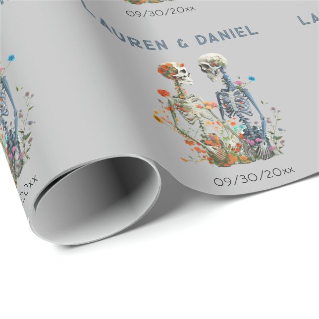 Gothic Floral Skeleton Lovers Names Wedding  Wrapping Paper (Roll Corner)