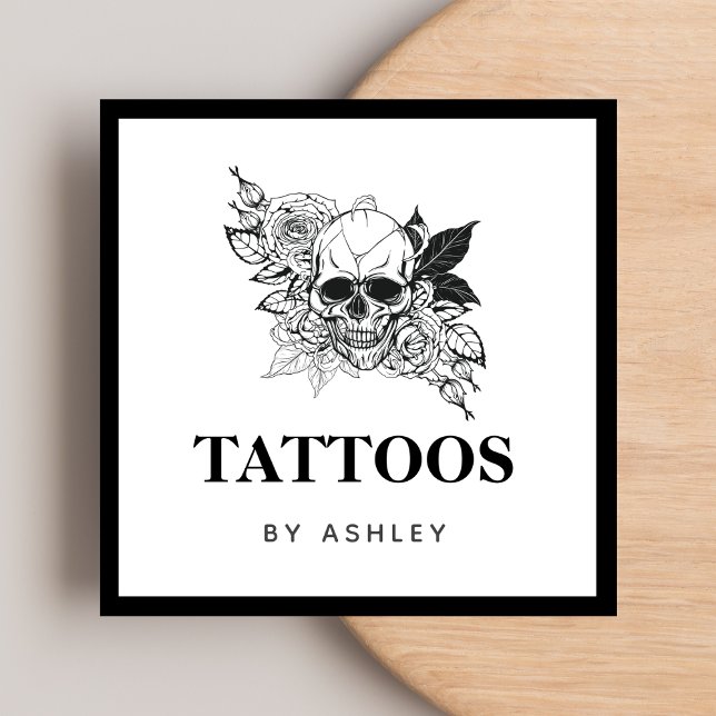 Gothic Floral Skull Black & White Tattoo Artist    Square Business Card (Creator Uploaded)