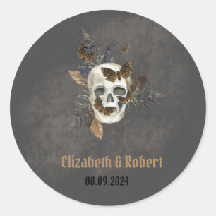 Gothic Floral Skull Butterflies Wedding  Classic Round Sticker