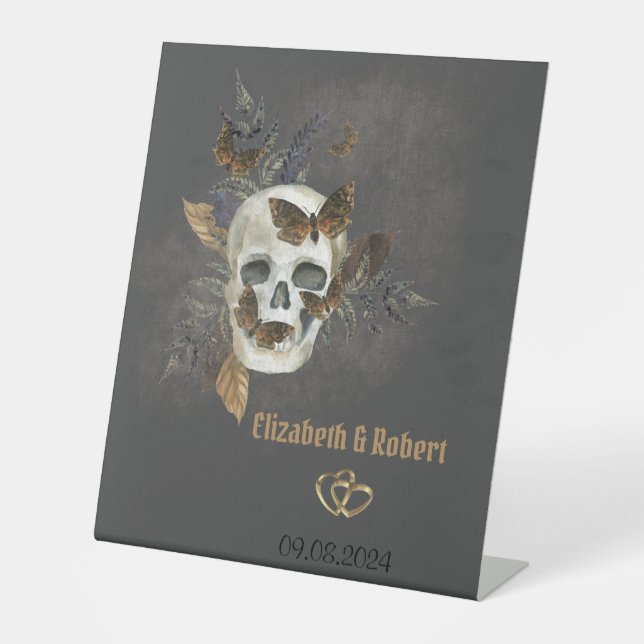 Gothic Floral Skull Butterflies Wedding  Pedestal Sign (Front)