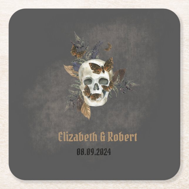 Gothic Floral Skull Butterflies Wedding  Square Paper Coaster (Front)