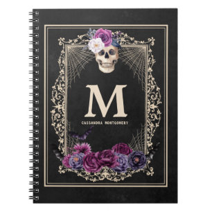 Gothic Floral Skull Custom Monogram & Name Black Notebook