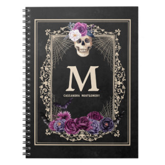Gothic Floral Skull Custom Monogram & Name Black Notebook