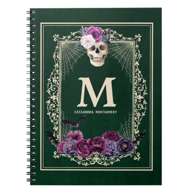 Gothic Floral Skull Custom Monogram & Name Green Notebook (Front)