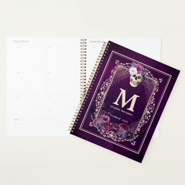 Gothic Floral Skull Custom Monogram & Name Purple Planner (Display)